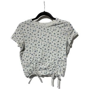 Hollister white and blue floral t shirt with drawstring ruching‎ on front size L